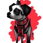 Stylized black and white dog with red bandana and key harness on red backdrop, with cat
