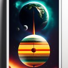 Surreal cosmic poster with planet, galaxy, droplet, and door frame