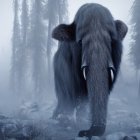 Person facing colossal elephant in misty snow-covered landscape