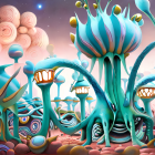 Colorful alien plant landscape with spherical elements in blue, yellow, and purple.
