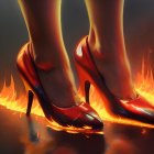 Red High-Heeled Shoes with Bow Details in Flames on Dark Background