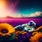 Astronaut in vibrant flower field under colorful sunset sky