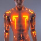 Futuristic digital artwork: Man with glowing orange lines on body