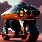 Sleek black and orange futuristic motorcycle in rocky landscape