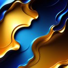 Surreal blue face in gold and blue wavy shapes creating motion.
