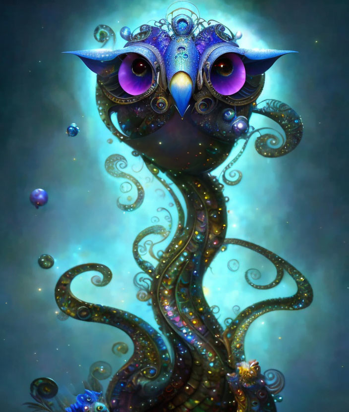 Colorful Owl-Like Creature with Purple Eyes and Tentacles on Starry Background