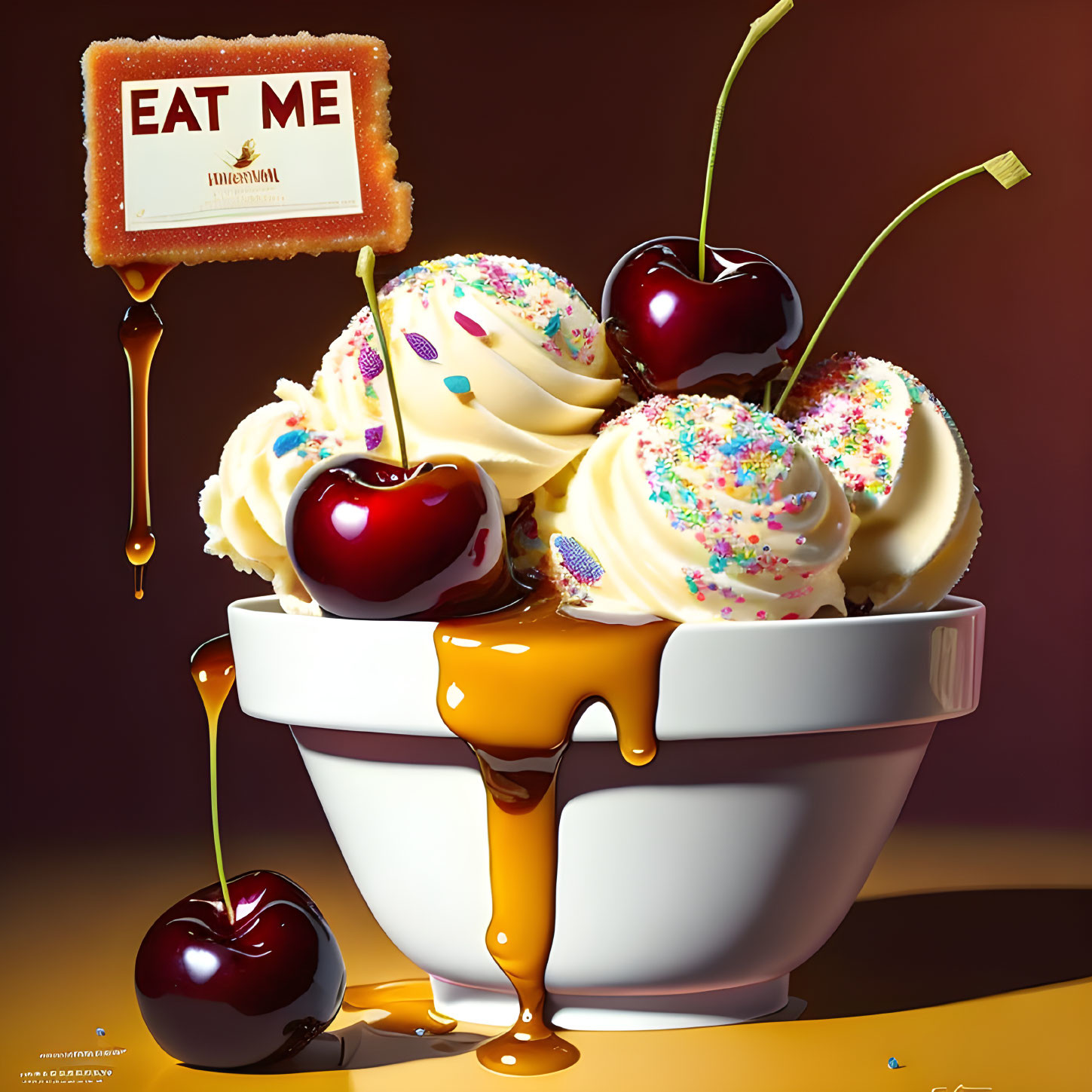 Vanilla Ice Cream Bowl with Cherries, Caramel Sauce, and Confetti Decor, Featuring 