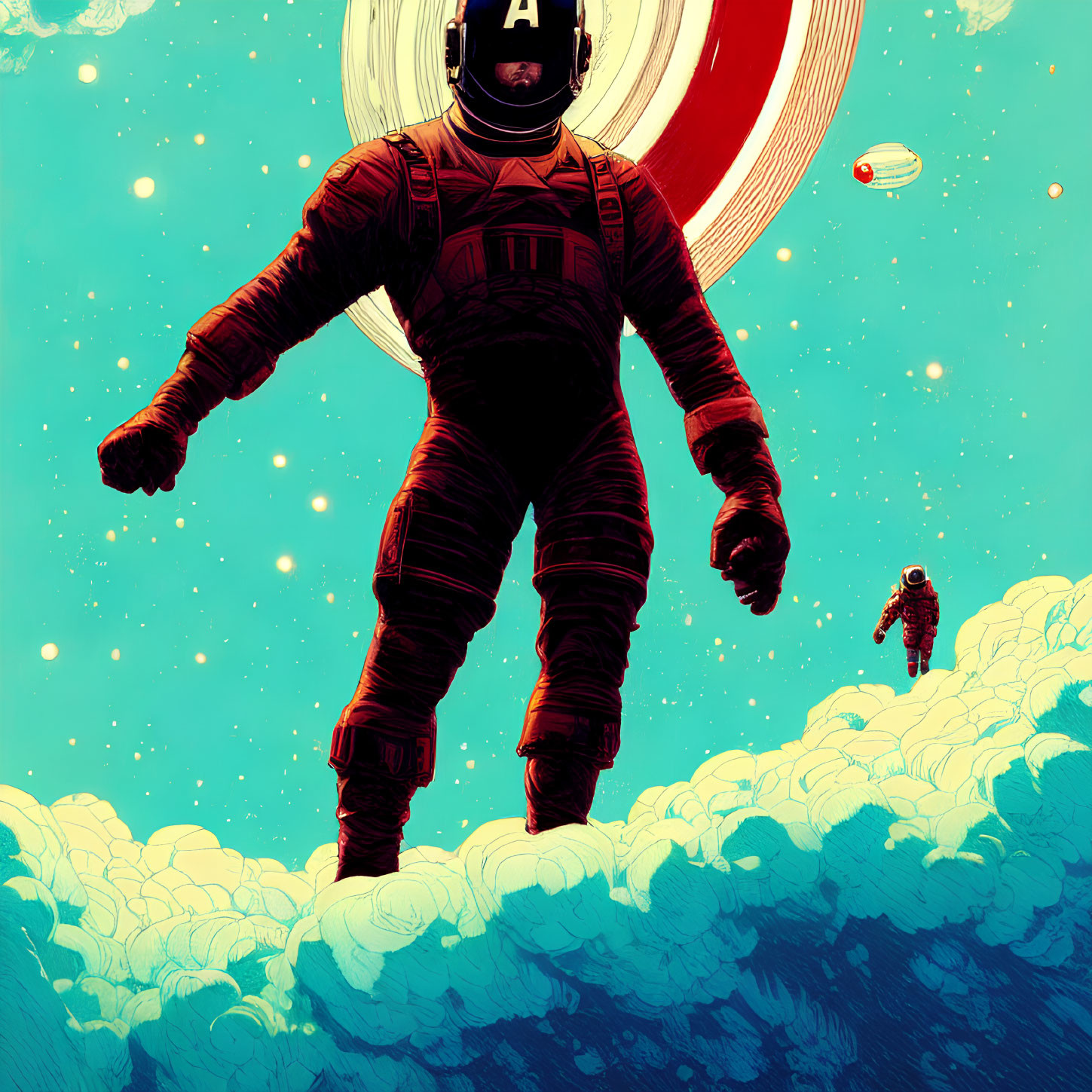 Astronaut floating above clouds with distant planet and another astronaut.