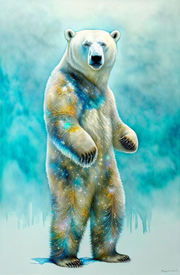 Cosmic-patterned bear standing against icy blue background
