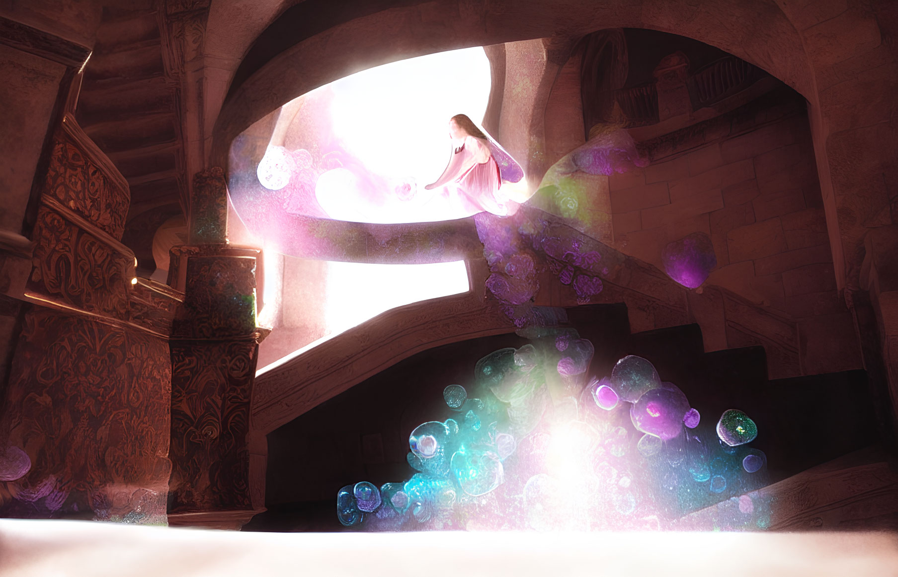 Woman on illuminated staircase surrounded by glowing orbs in ancient building interior.