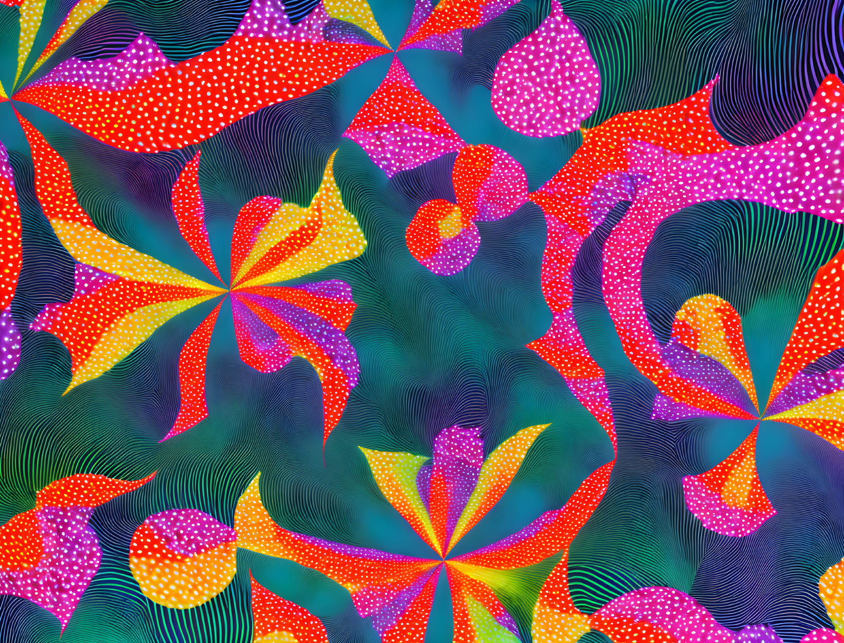 Abstract Psychedelic Pattern with Colorful Leaves and Floral Shapes on Blue Background