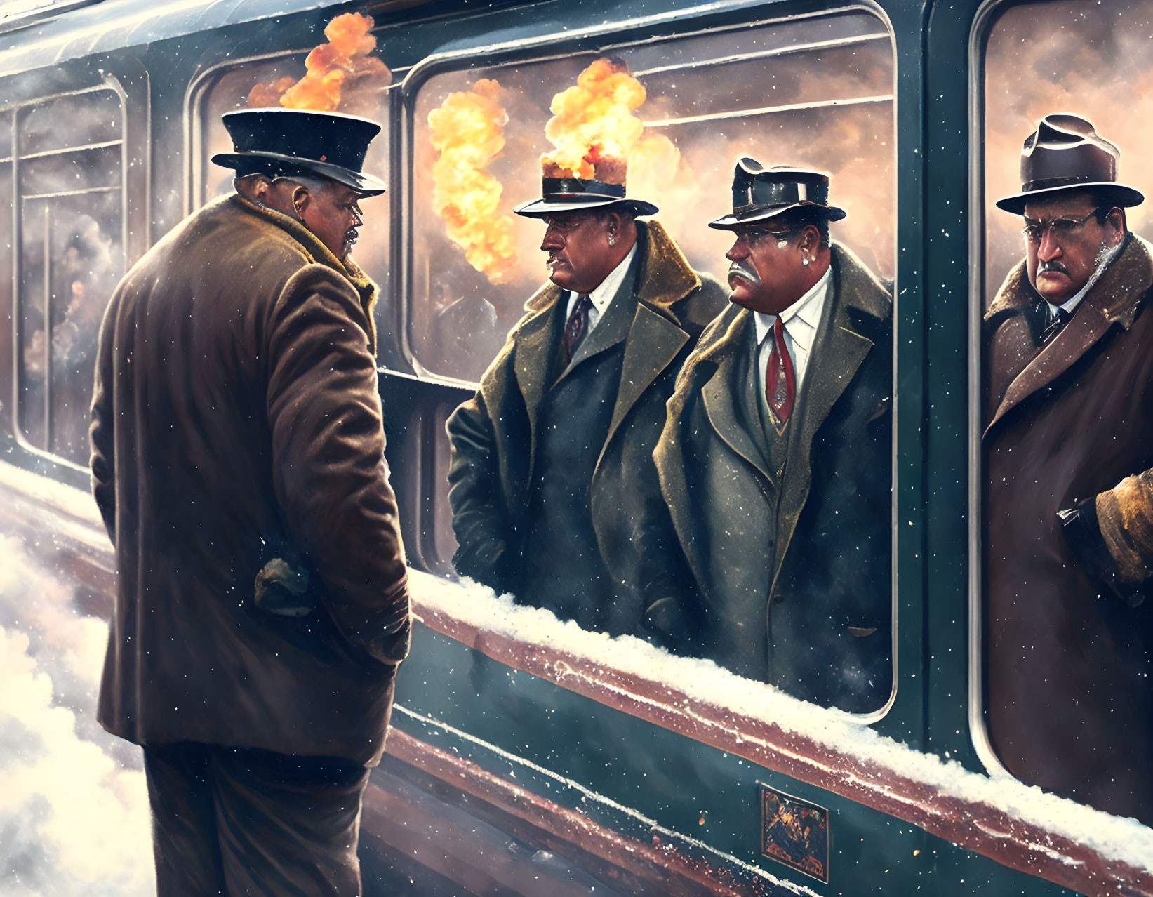 Vintage attired men near steam-emitting train in snowy setting