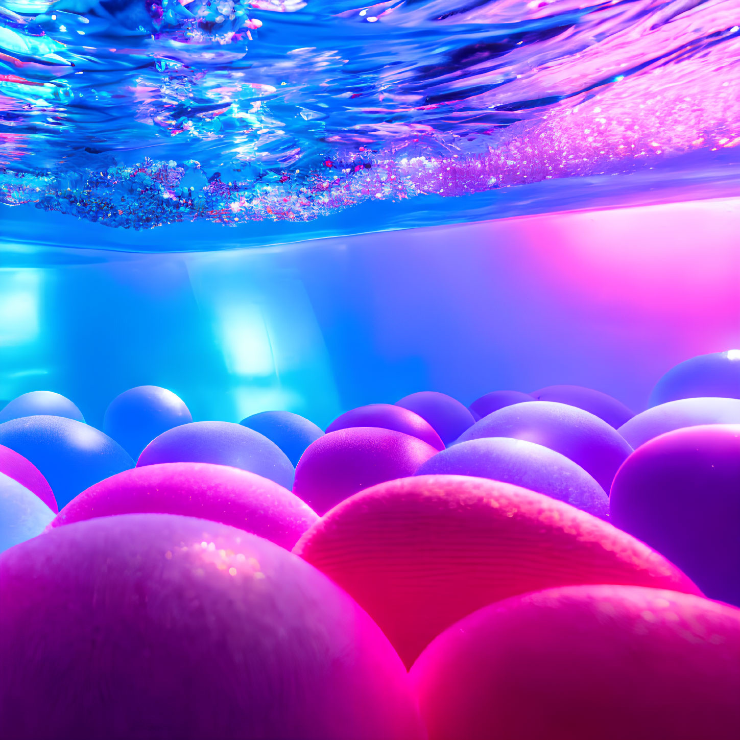 Vibrant spheres in pink to blue gradient light underwater