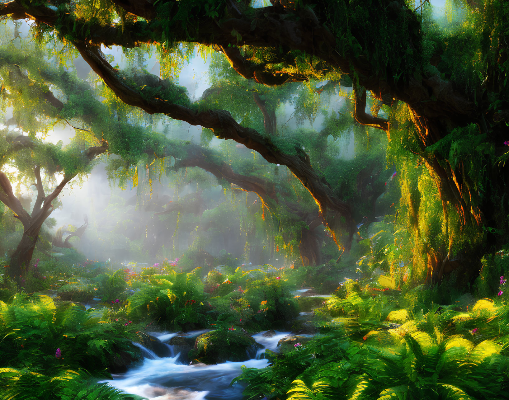 Lush greenery and vibrant flora in enchanted forest scene