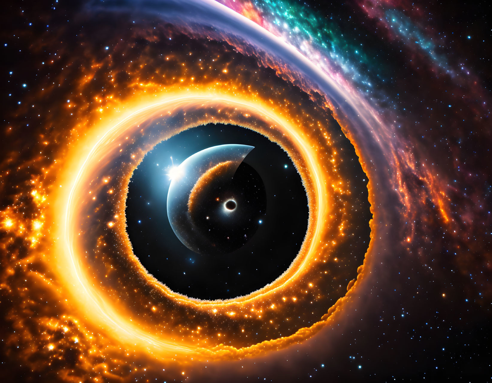 Colorful Cosmic Illustration: Black Hole with Accretion Disk