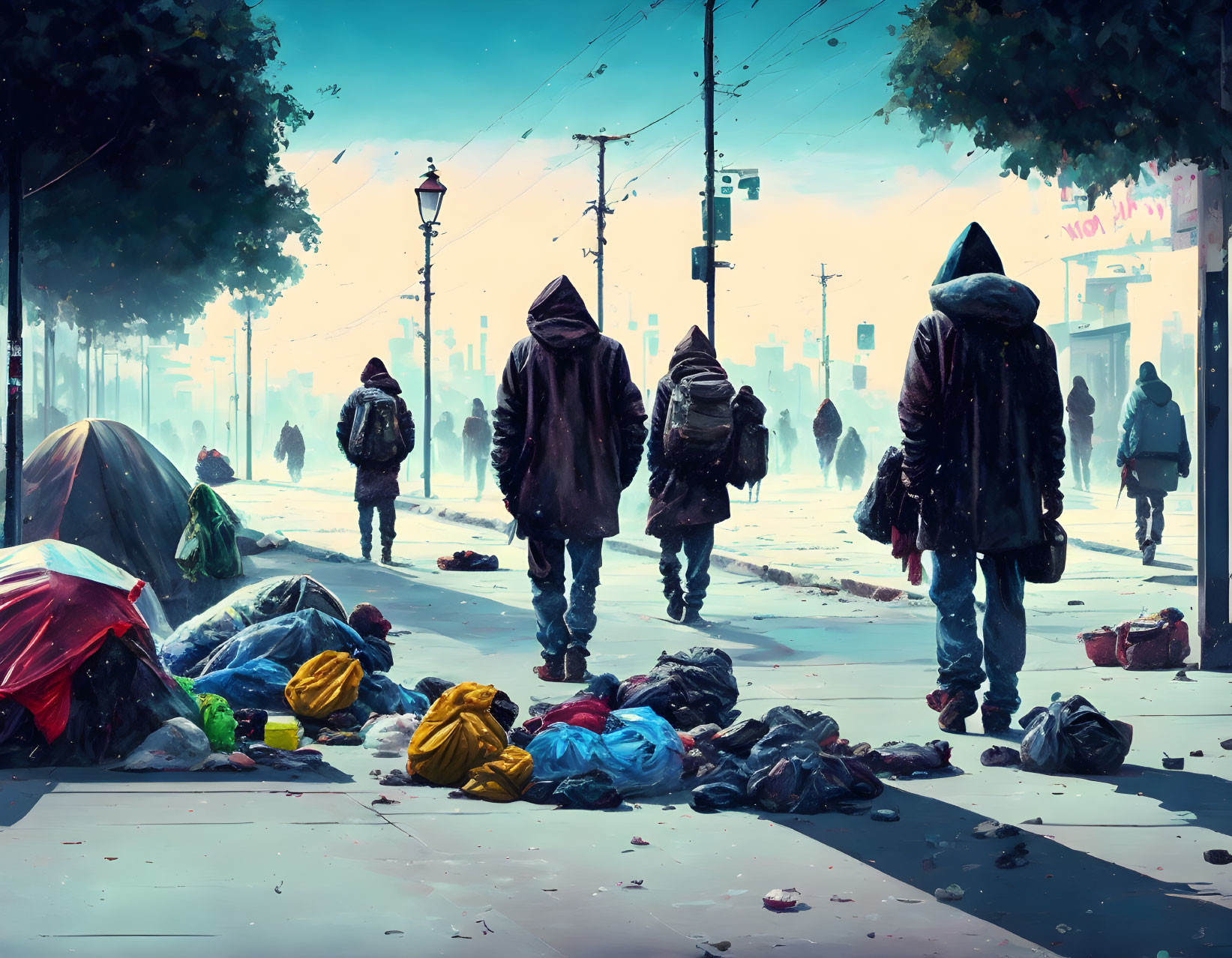 Dystopian street scene with hooded figures, litter, and makeshift shelters