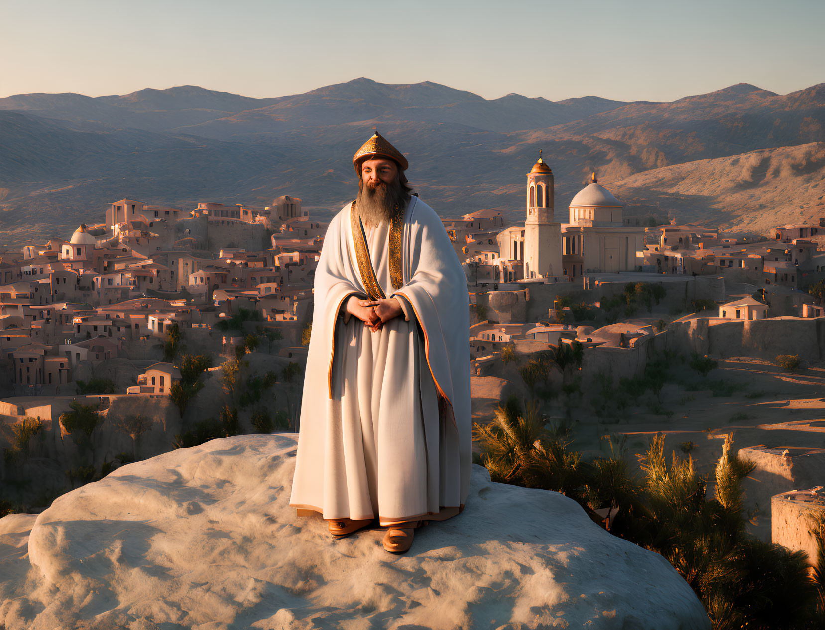 Traditional Middle Eastern Attire Man Overlooking Ancient Village at Sunset