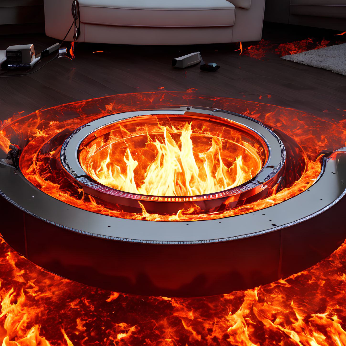 Circular futuristic fireplace in modern room with lava moat and dancing flames