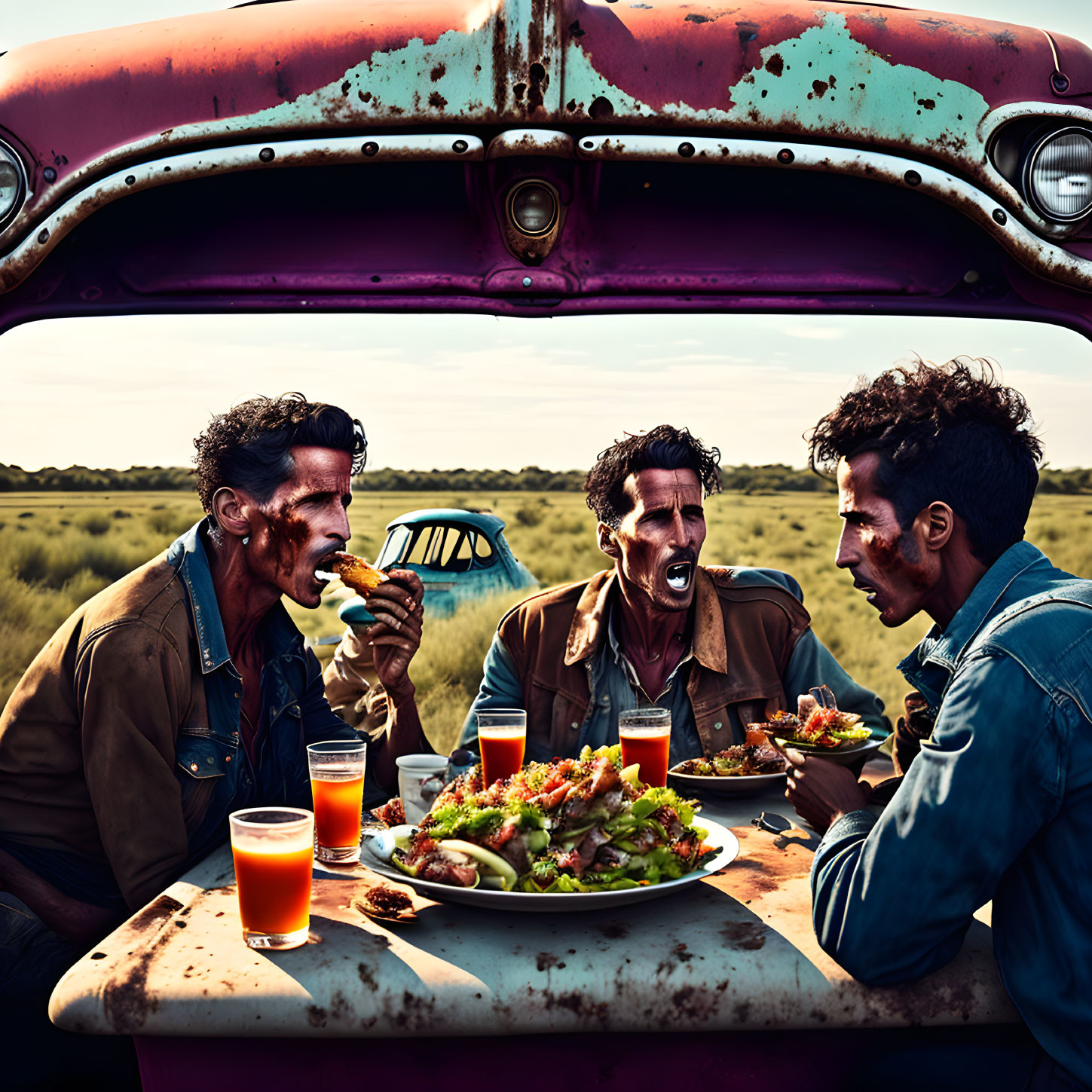 Men eating burgers and drinking at old car hood in field