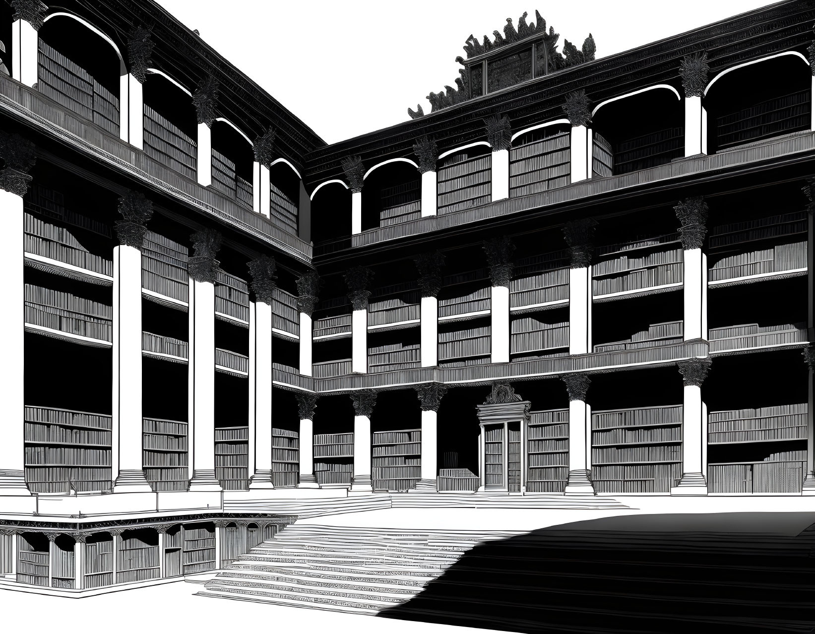 Detailed monochrome architectural drawing of classical building with colonnades, arches, and book-lined balcon
