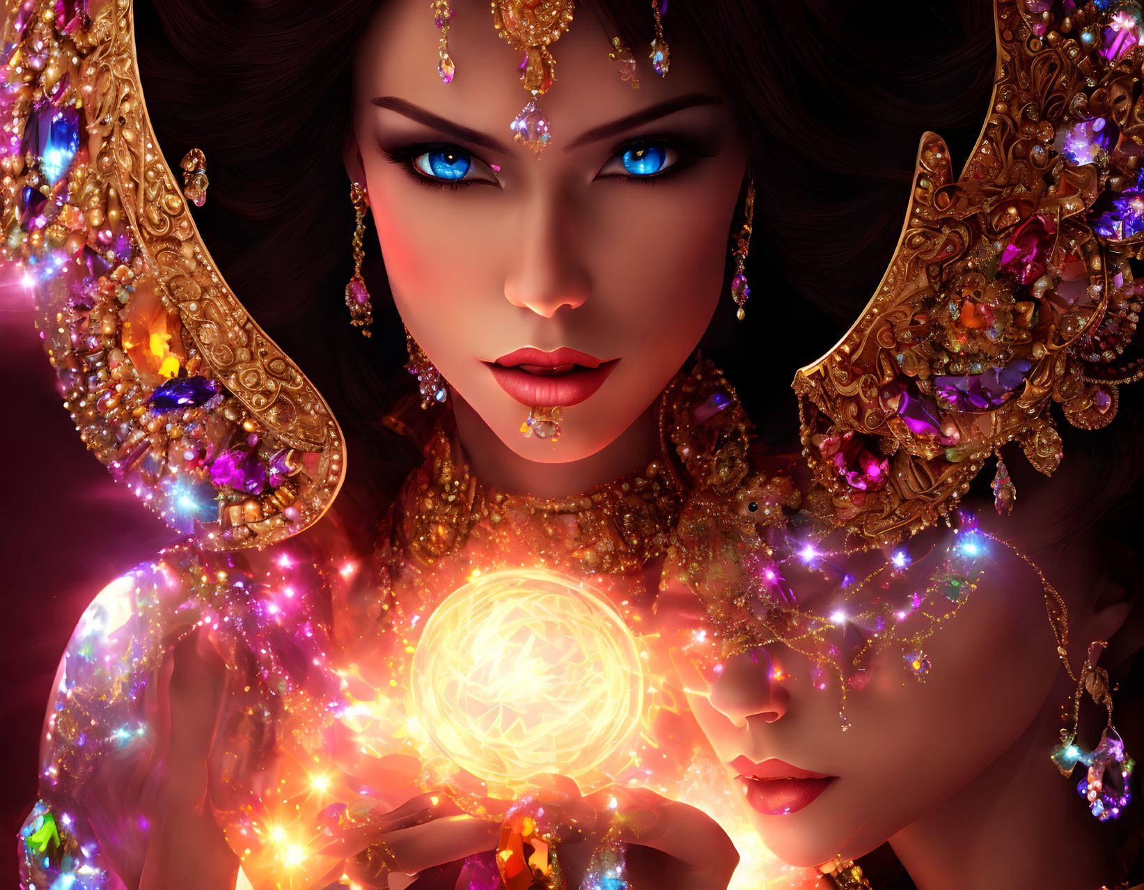 Close-up of mystical female figure with glowing blue eyes and ornate golden headpiece creating magical orb.
