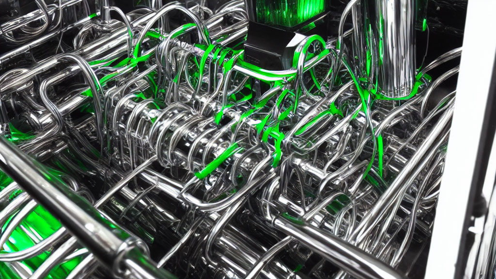Shiny metal pipes with vibrant green liquid in industrial setting