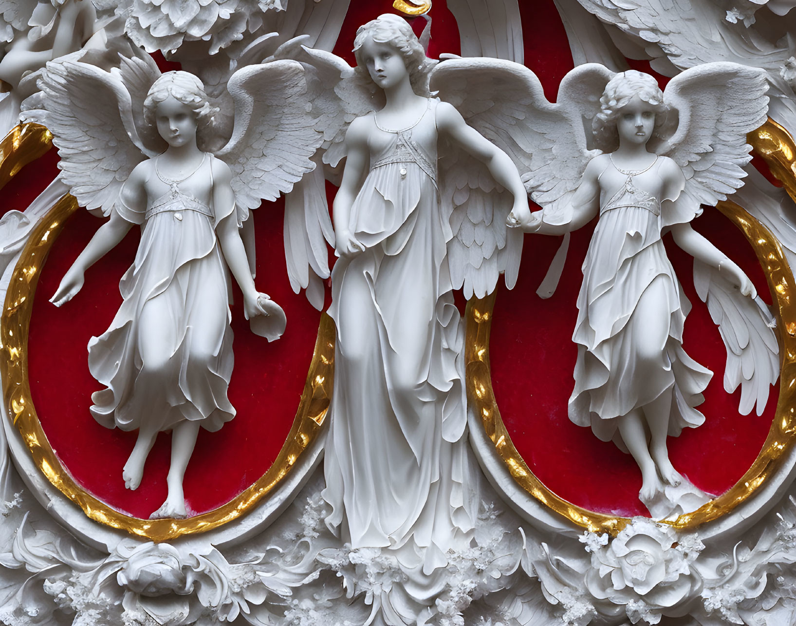 White angel sculptures with gold detailing on crimson background