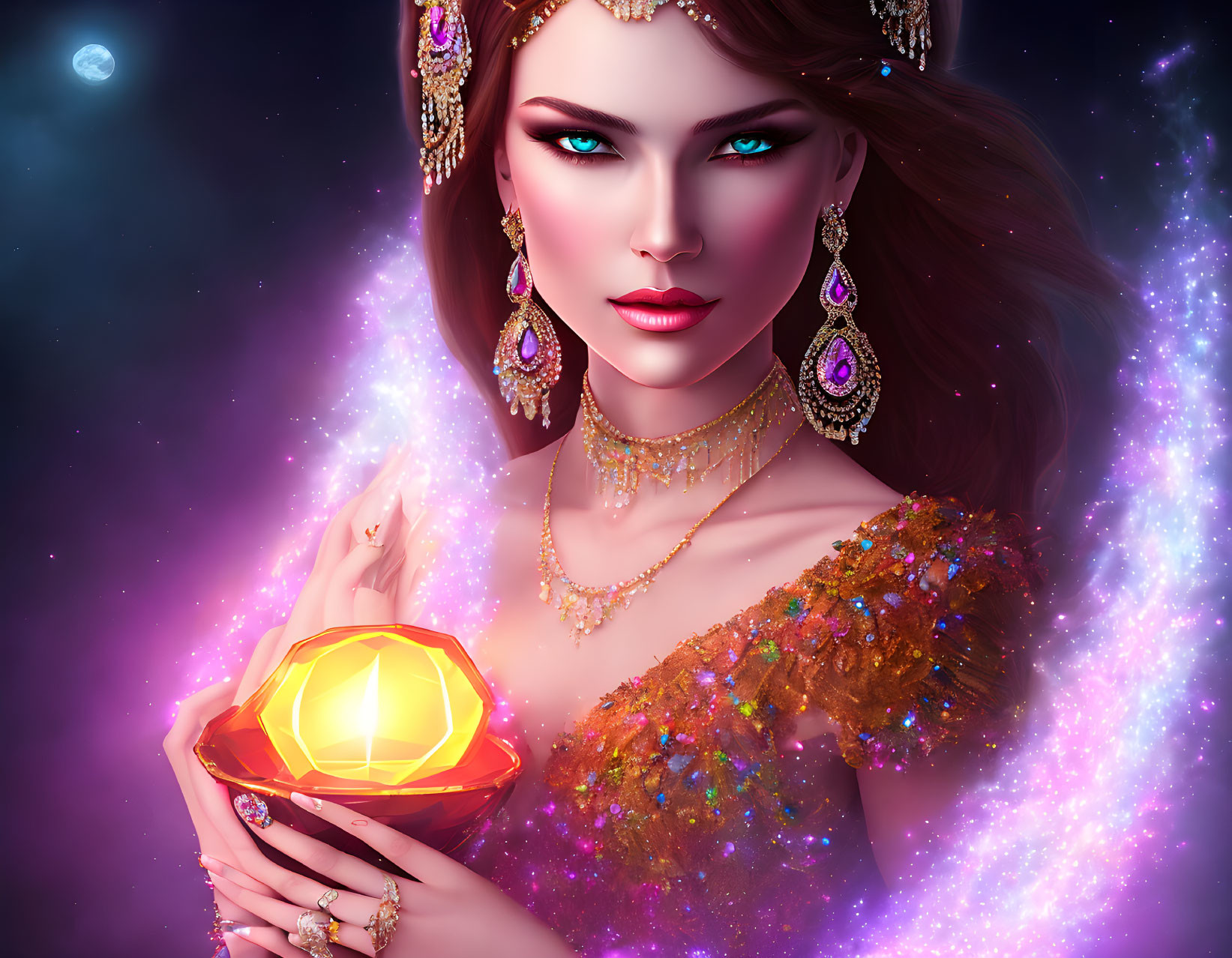 Vibrant makeup and jewelry on woman with gem in cosmic setting