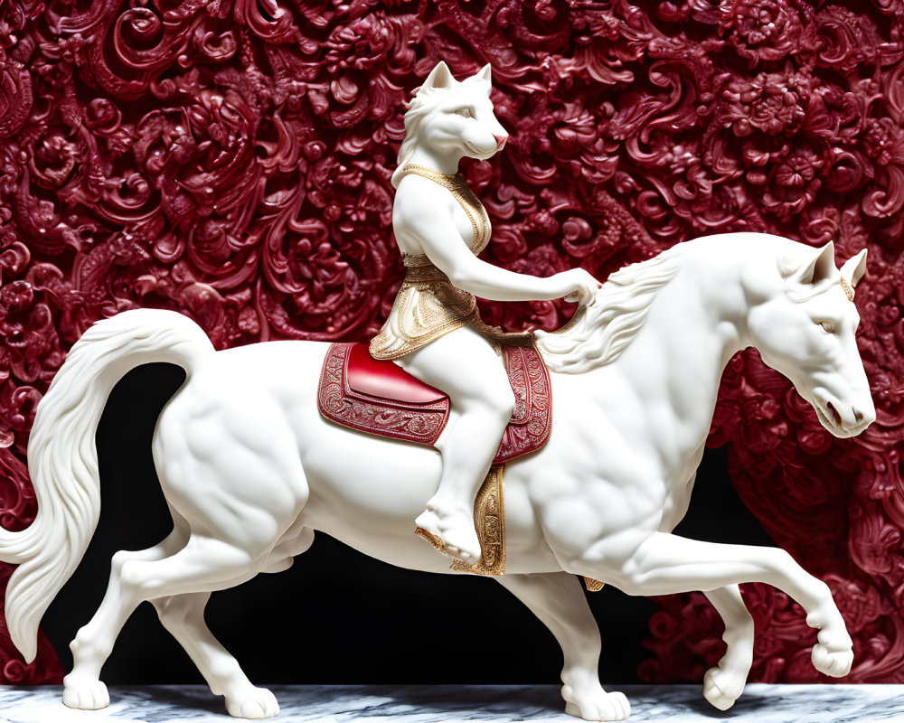White Porcelain Figurine: Elegantly Dressed Person on Majestic Horse with Red Floral