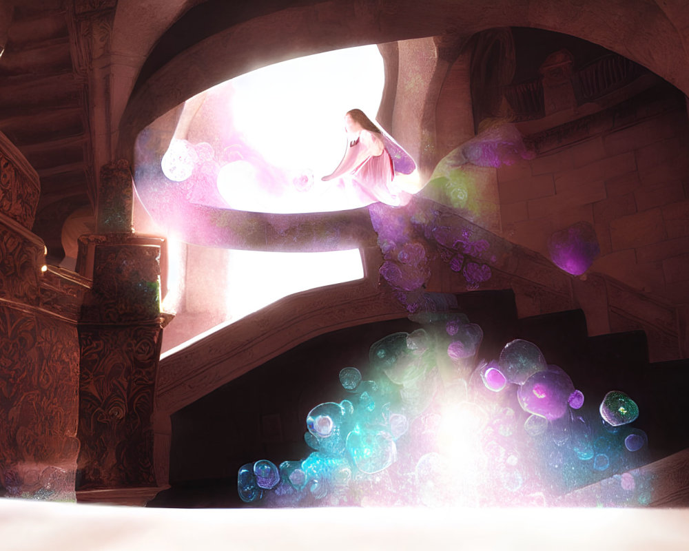Woman on illuminated staircase surrounded by glowing orbs in ancient building interior.