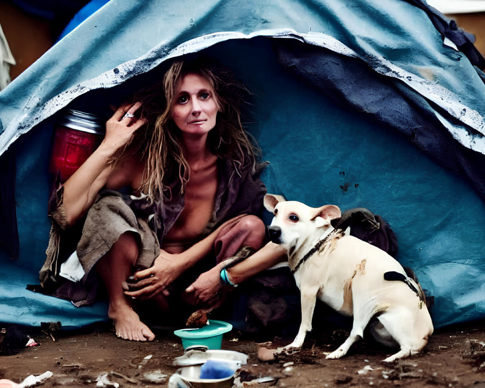 Woman with white dog in disheveled blue tent among clutter.
