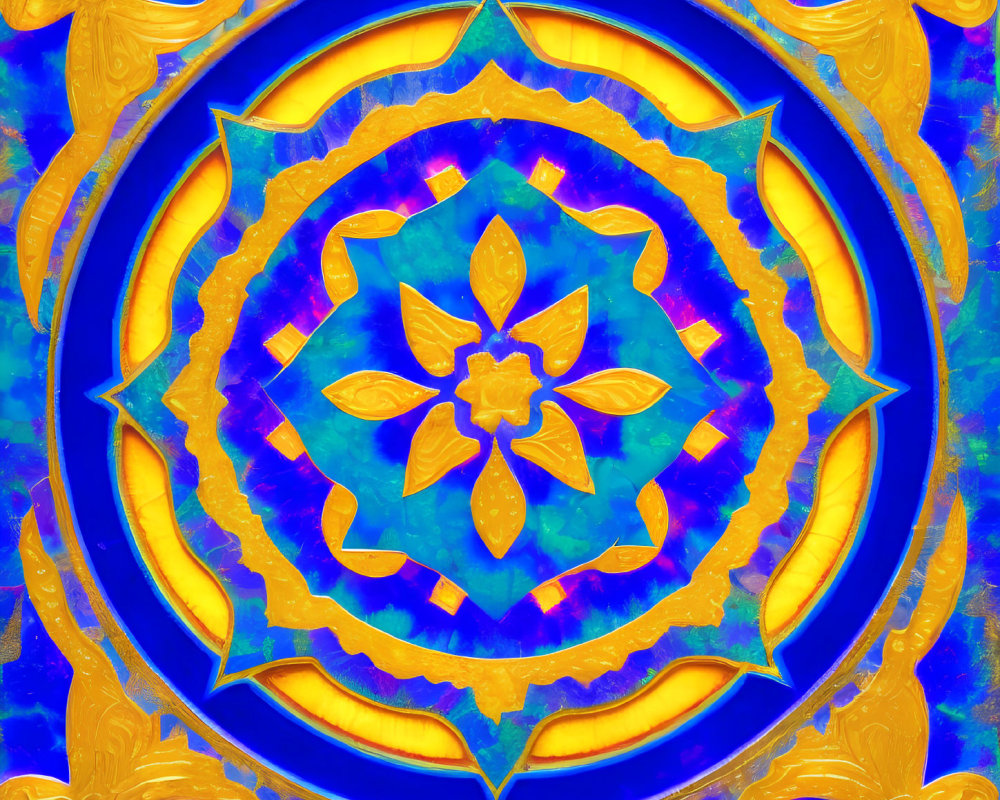 Colorful Blue, Gold, and Purple Mandala with Intricate Symmetrical Patterns