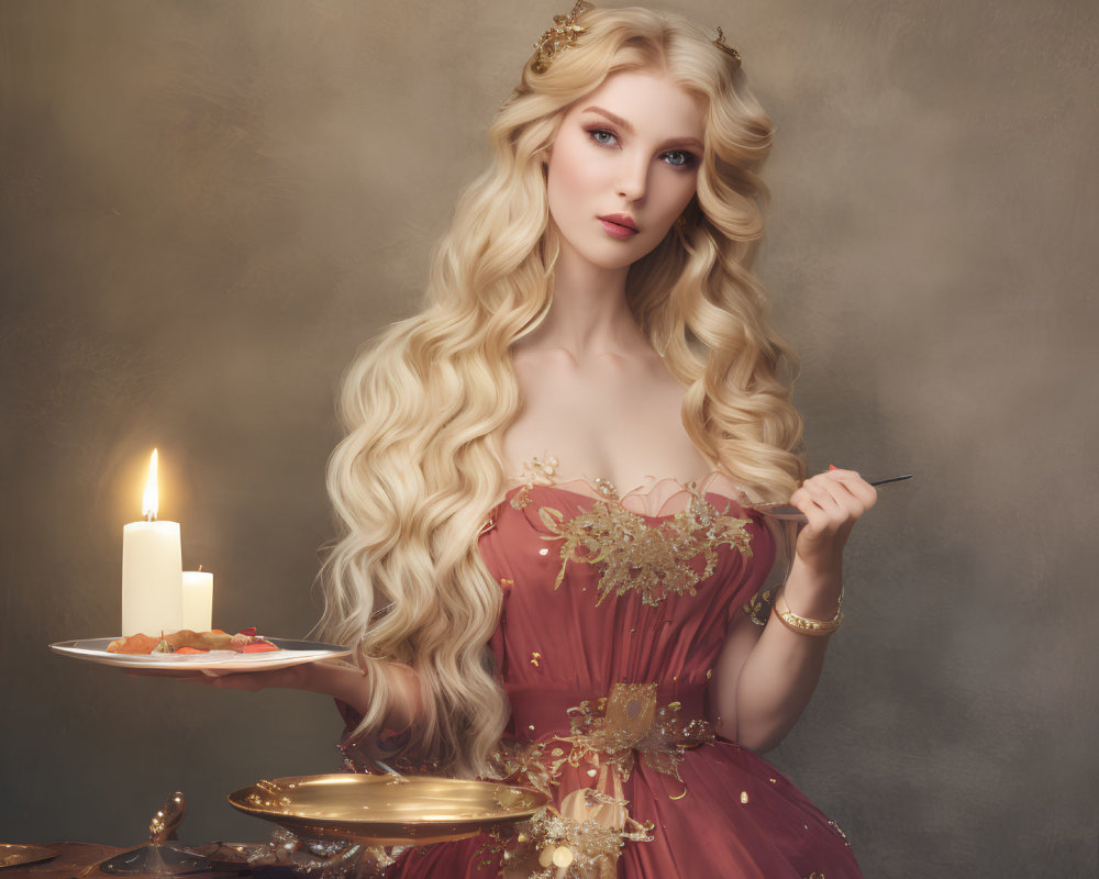 Blonde woman in red gown with candle and pen embodies fantasy elegance