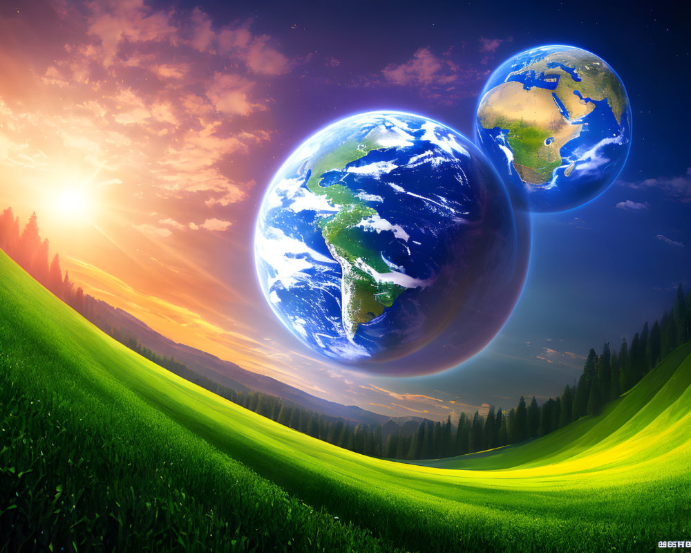 Vibrant green hillside with two Earth-like planets in sunset sky