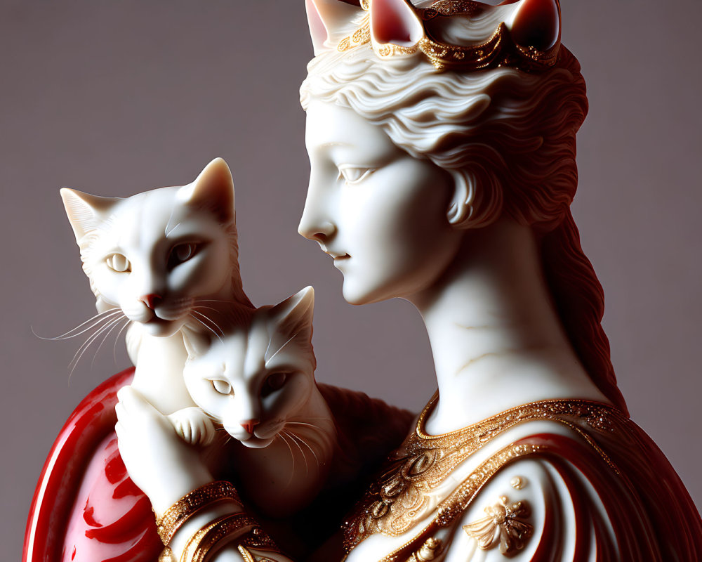 Porcelain woman figurine with crown and cats on grey background