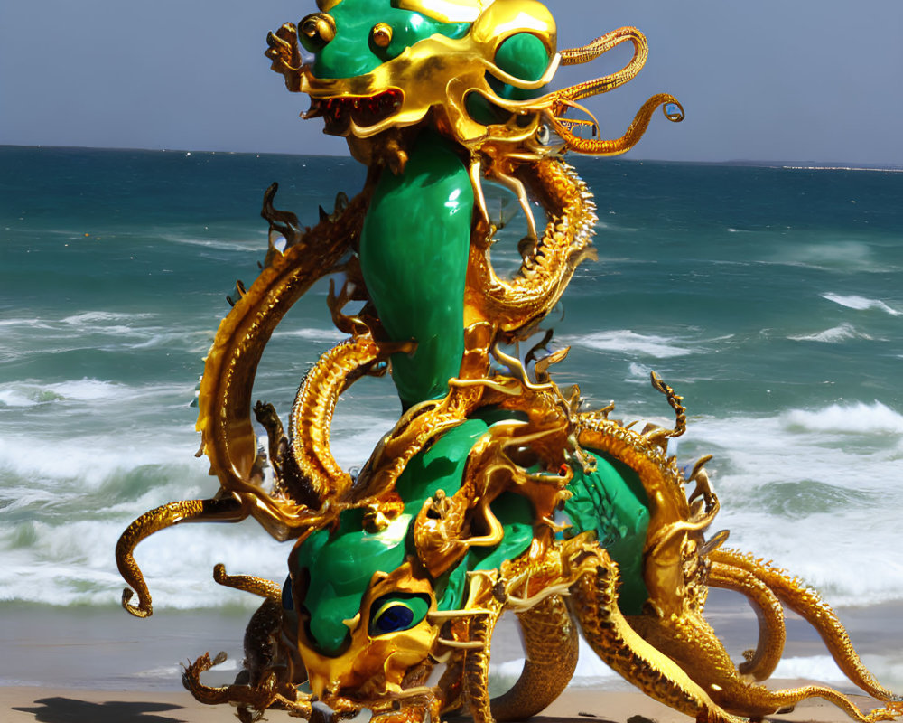 Green and Gold Dragon Sculpture by the Sea in Clear Blue Sky