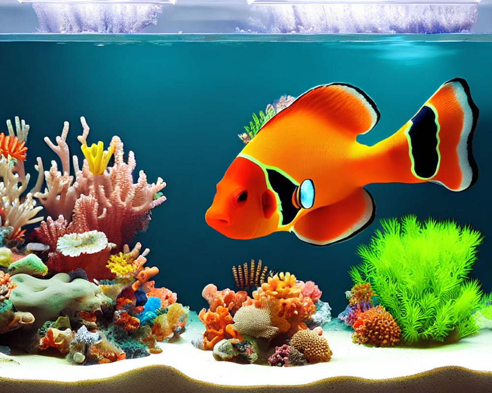 Colorful Clownfish and Corals in Vibrant Aquarium Scene