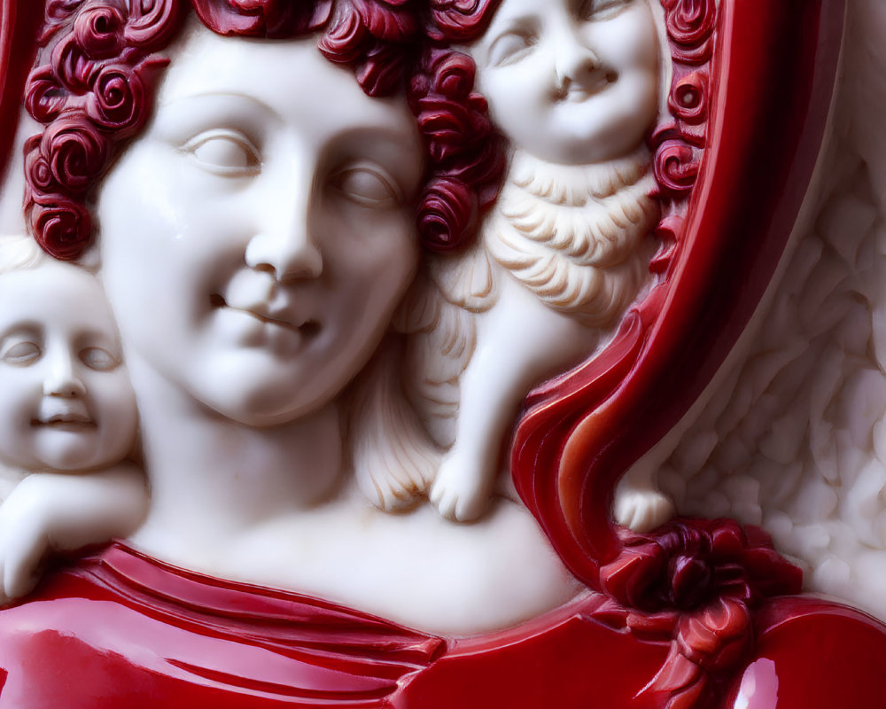 Classical-style sculpture of woman with curly hair and cherubic faces in red and white.