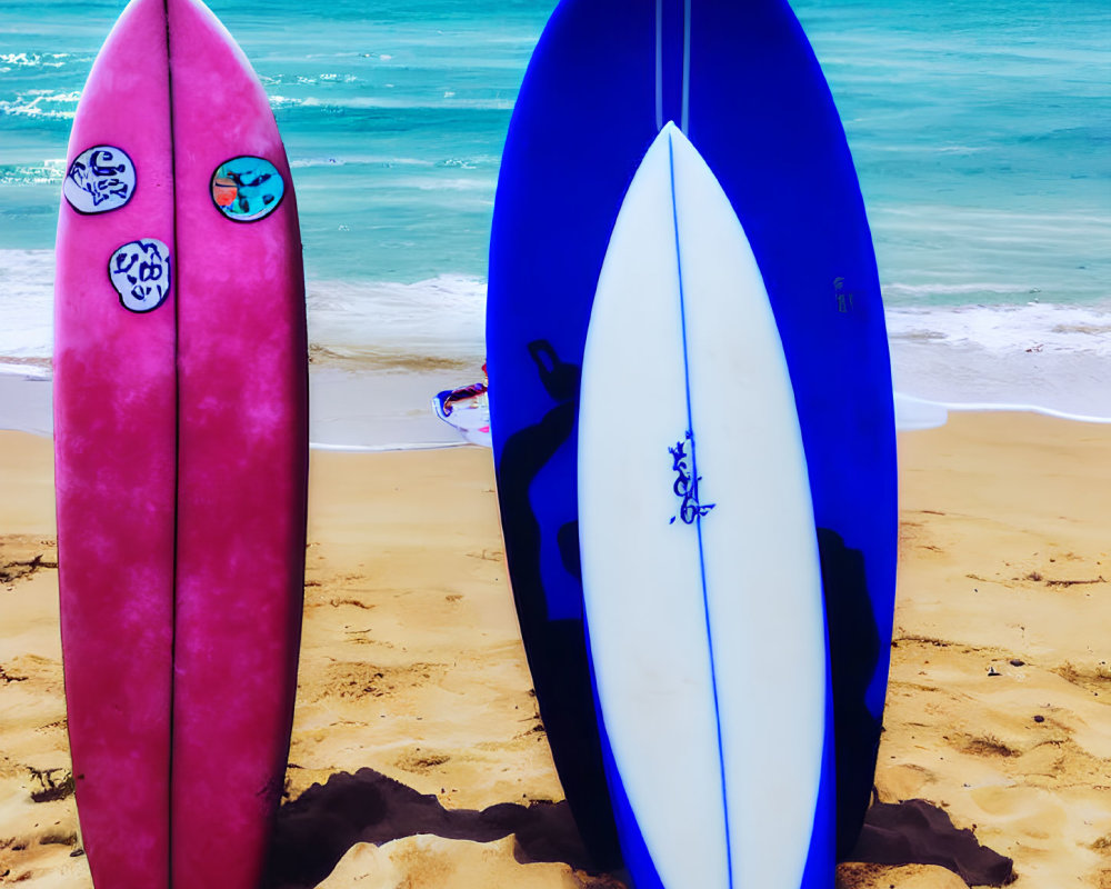 Colorful Surfboards with Stickers on Beach Sand by Tranquil Sea