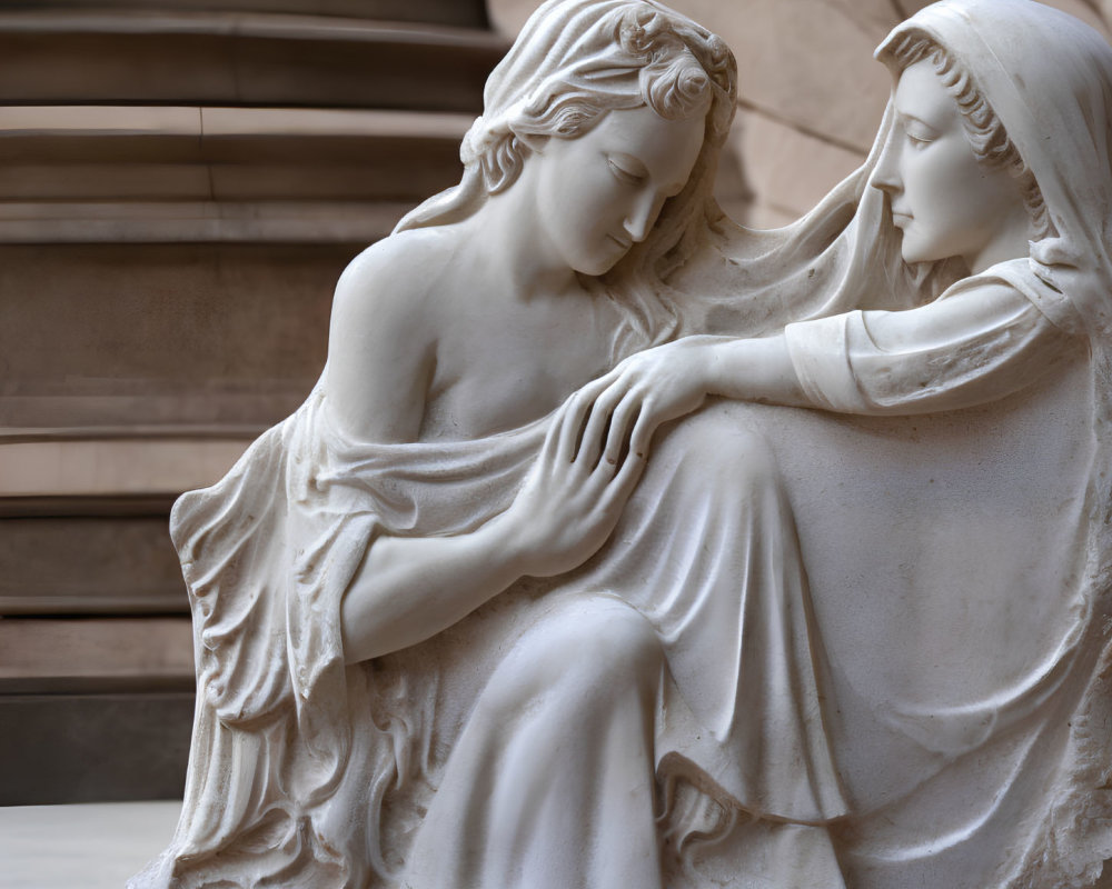 Marble statue of two figures in a tender moment against architectural backdrop