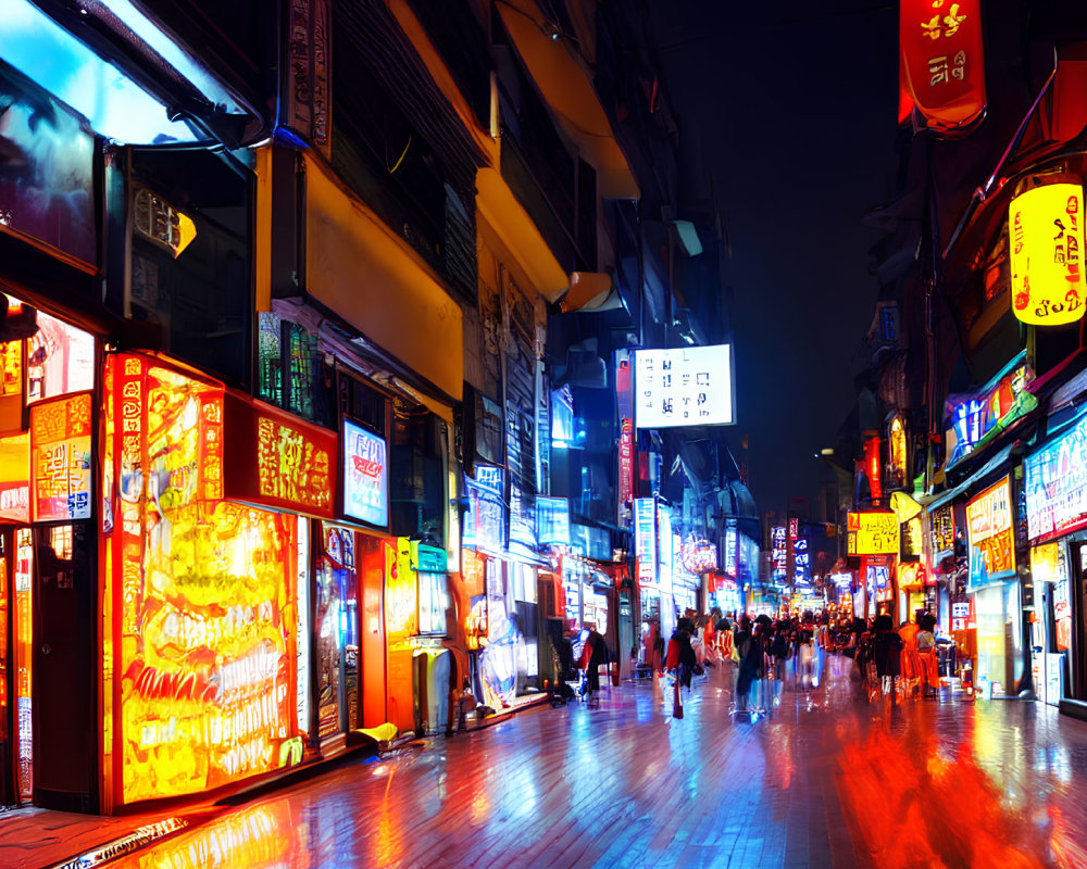 Night Scene: Vibrant Street with Neon Signs and Pedestrians