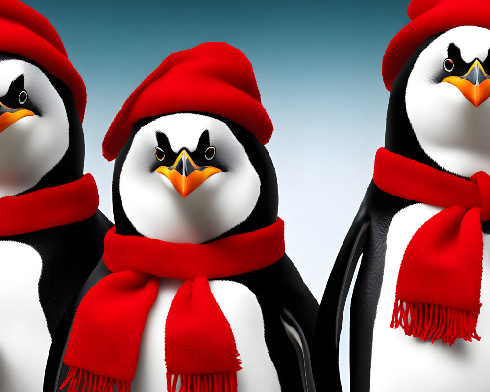 Cartoon penguins with red hats and scarves on blue gradient background