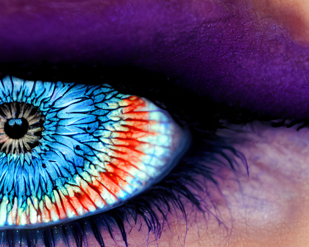 Blue eye with colorful iris, purple eyeshadow, blue eyeliner, and mascara lashes