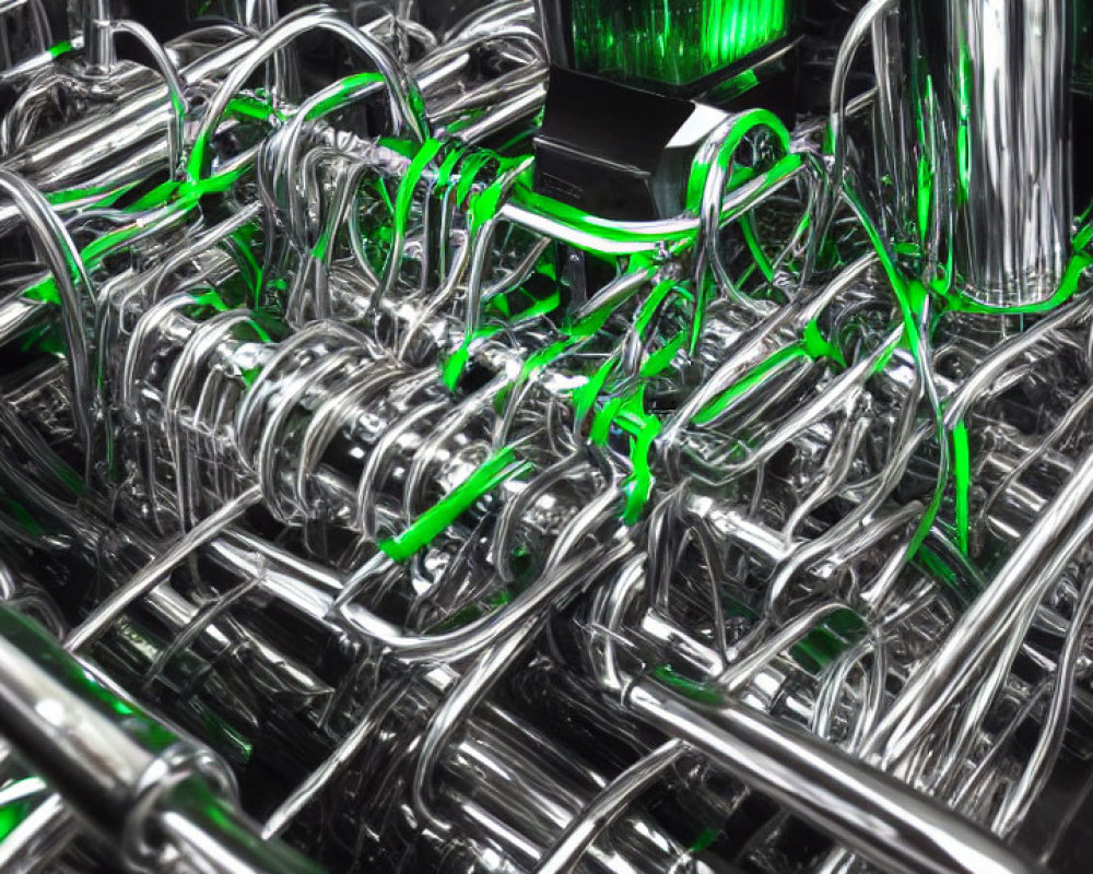 Shiny metal pipes with vibrant green liquid in industrial setting