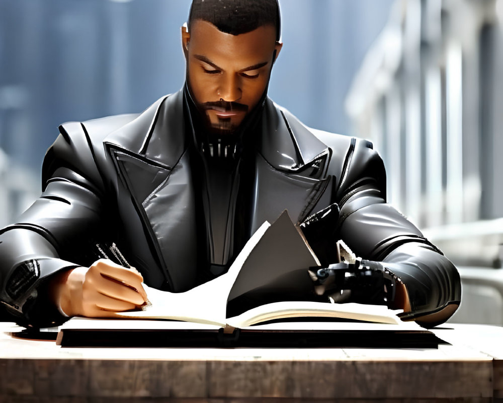 Man in black leather jacket writing at table with cityscape view