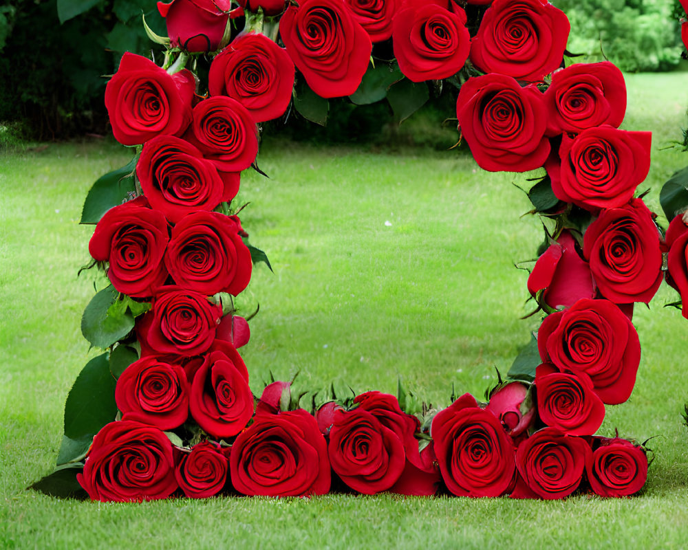 Vibrant Red Roses Heart-Shaped Arrangement on Green Grass
