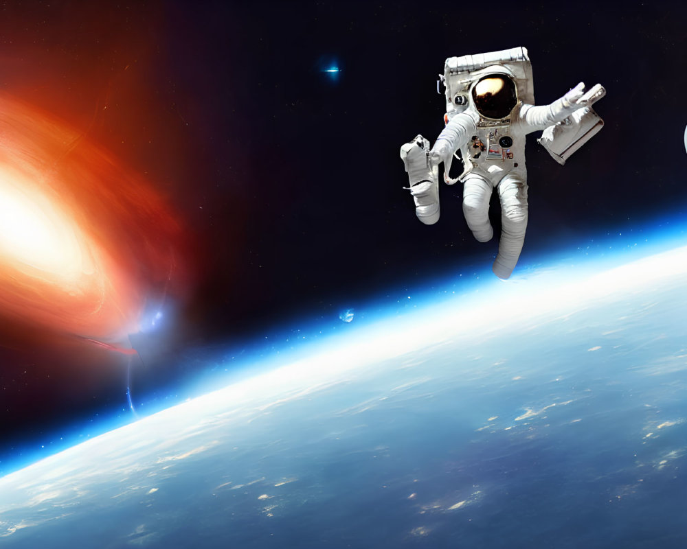 Astronaut floating with Earth's horizon and bright galaxy.
