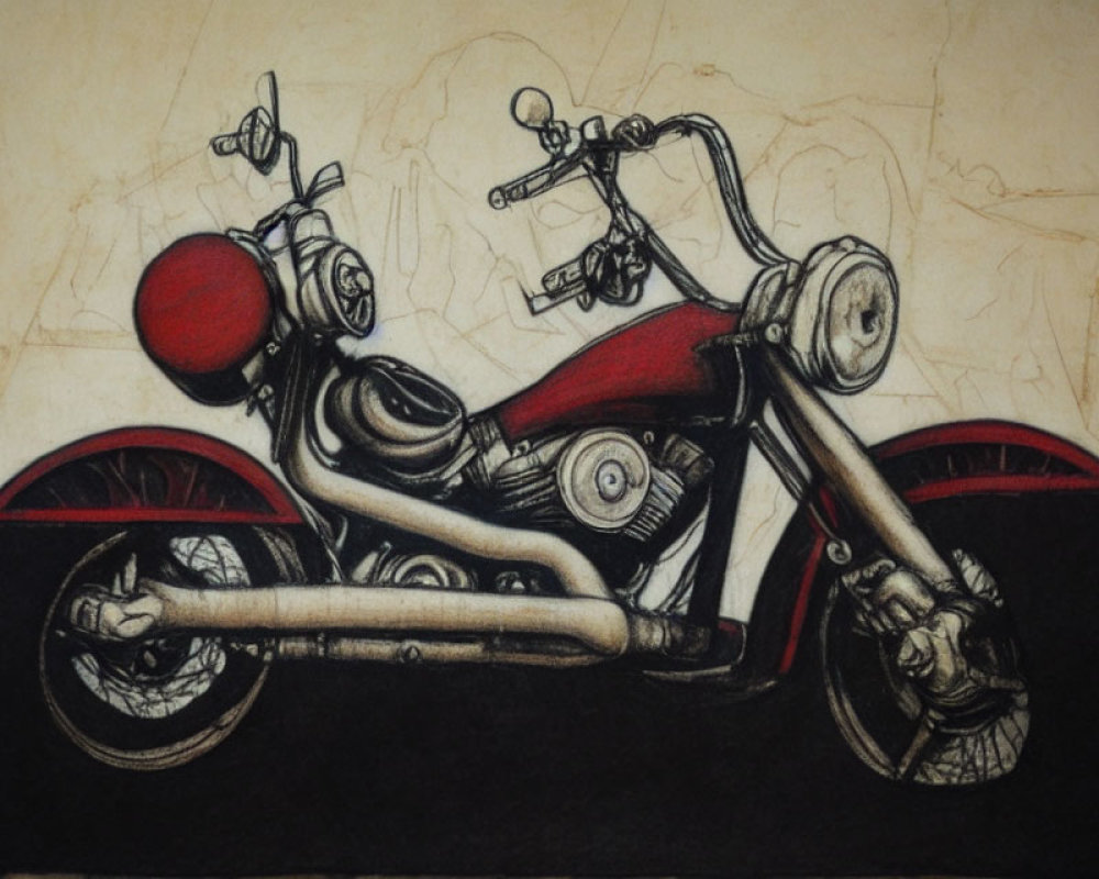 Detailed Sketch of Classic Motorcycle in Red and Black with Engine and Wheel Design