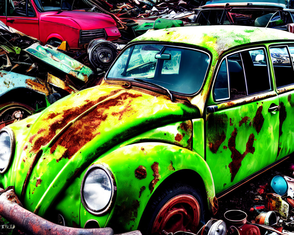 Rust-covered green Volkswagen Beetle in cluttered car scrapyard