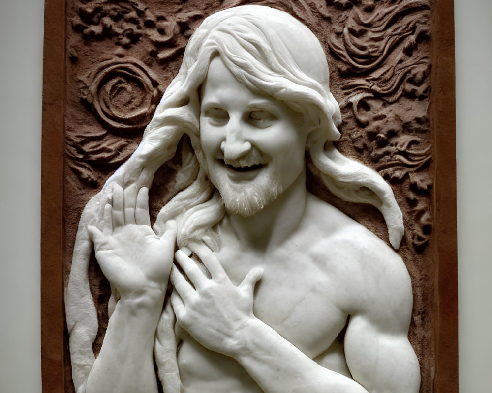 Smiling figure bas-relief sculpture with flowing hair and textured background